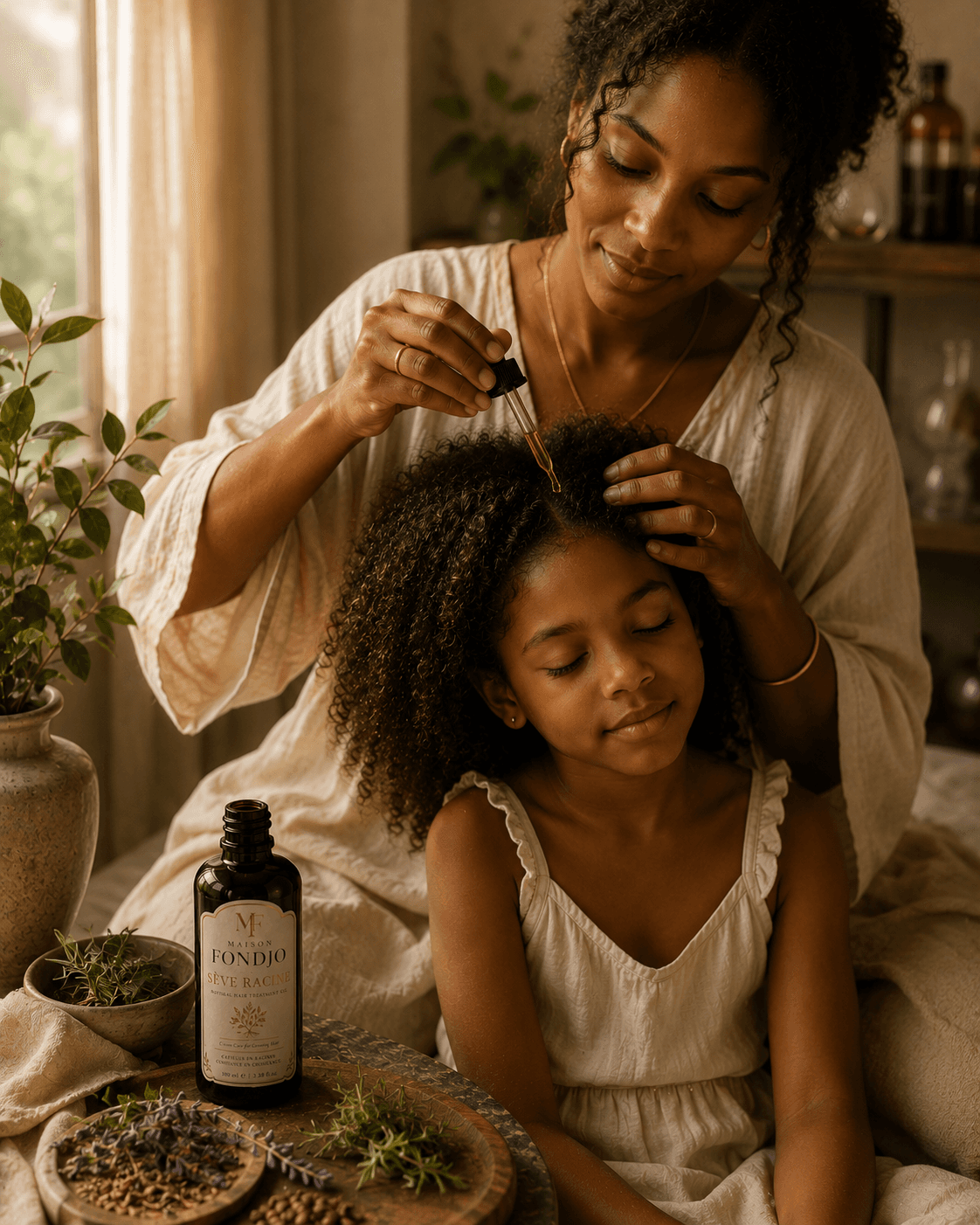 Mother applying Sève Racine to her child's scalp during a quiet botanical care ritual